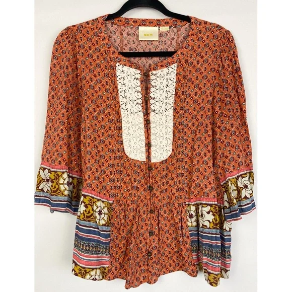 Anthropologie Maeve Womens Hiver Peasant Blouse 12 Orange Boho Hippie Floral - Picture 3 of 9